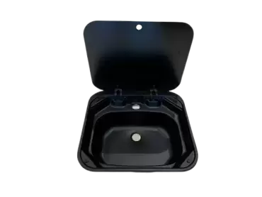 Évier noir avec couvercle en verre 420x370 pour caravanes, camping-cars et camping-cars.