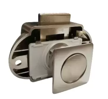 Fermeture à bouton poussoir carré avec rosace et mécanisme, coloris nickel mat