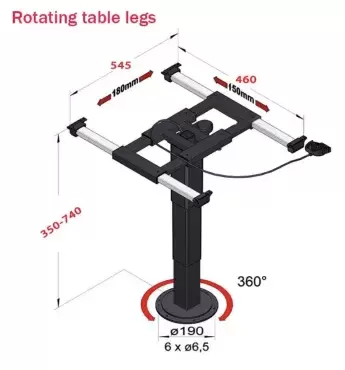 Base de table télescopique noire coulissante dans 4 directions et rotative à 360º avec pied carré pour caravanes, camping-cars et camping-cars.