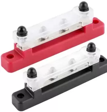 Barre NOIRE avec 4 connexions Busbar 150AH NÉGATIF plus couverture pour installations dans camping-cars et caravanes.