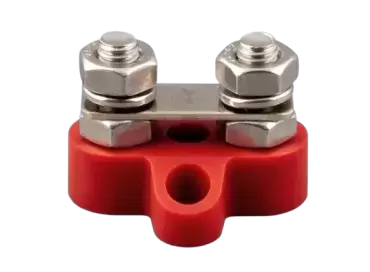 Barre ROUGE avec 2 connexions de jeu de barres POSITIFS 150AH pour installations dans les camping-cars et caravanes.