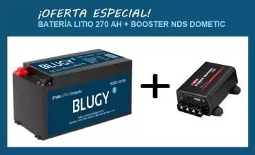 Pack Batterie Lithium Compact Blugy 270AH + Booster NDS DOMETIC Powerservice PSB 12V 40A / 60A / 80A pour camping-car et caravane.