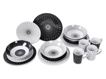 Vaisselle en mélamine noire et blanche haut de gamme pour 4 personnes, 16 pièces, camping caravaning.