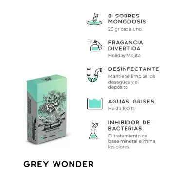 Grey Wonder, traitement écologique des eaux grises en sachets, 8 unités de 25 grammes, pour caravanes, camping-cars et fourgons aménagés.