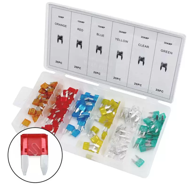 Caja surtida de 120 fusibles MINI  para vehículos, autocaravanas, camper y 4x4 overland.