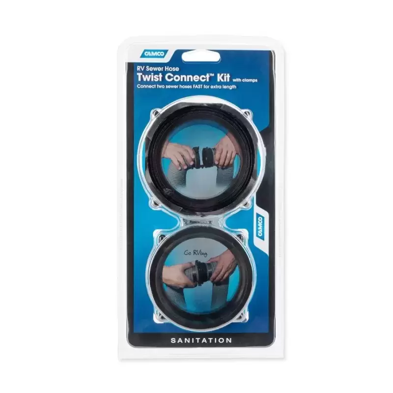 Kit de conexión giratorio CAMCO para tubos de 70mm de caravanas, autocaravanas y camper.