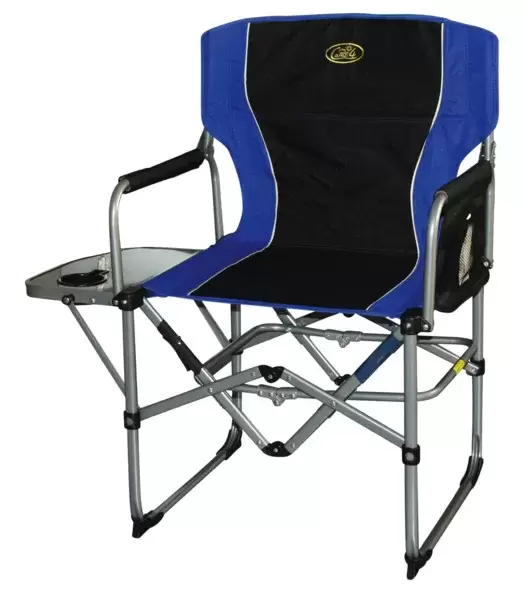 Silla plegable mini Director Paloma, negro / azul, con mesa, especial camper y 4x4 overland.