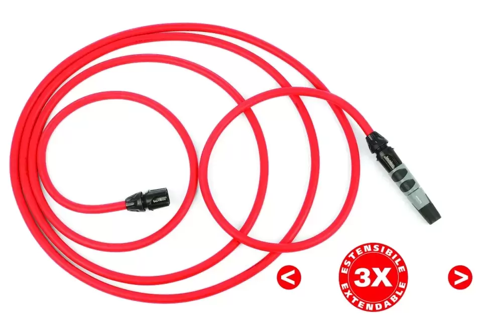 Manguera Bamboo mágica extensible Roja  de 5 hasta 15 metros con accesorios, caravanas, autocaravanas, camper y 4x4 overland.