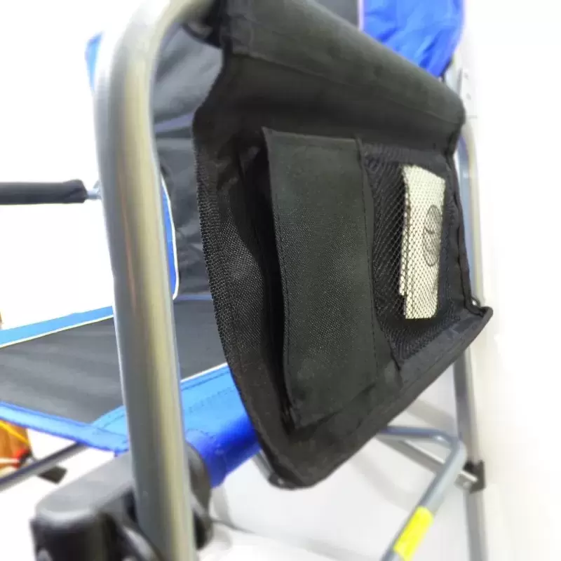 Silla plegable mini Director Paloma, negro / azul, con mesa, especial camper y 4x4 overland.