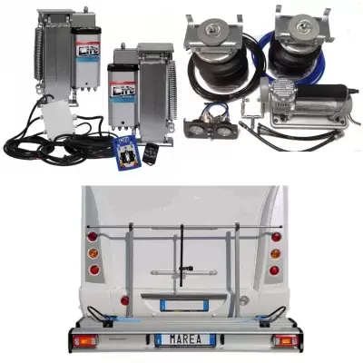 Porte-moto, suspension pneumatique, camping-car avec pieds autonivelants