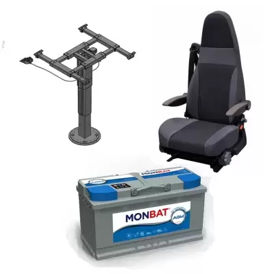 Sièges, tables et pieds réglables, électricité intérieur camping-car et camping-car