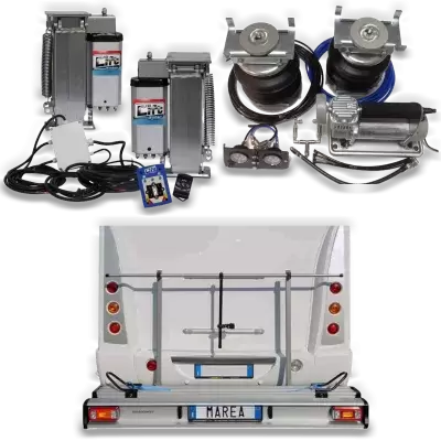 Porte-moto, suspension pneumatique, camping-car avec pieds auto-nivelants
